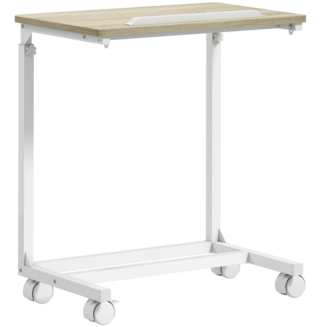 C-Shaped Sofa Side Table, Height Adjustable Overbed Table with Tilting Desktop, Mobile Laptop Desk for Living Room Bedroom, Oak and White
