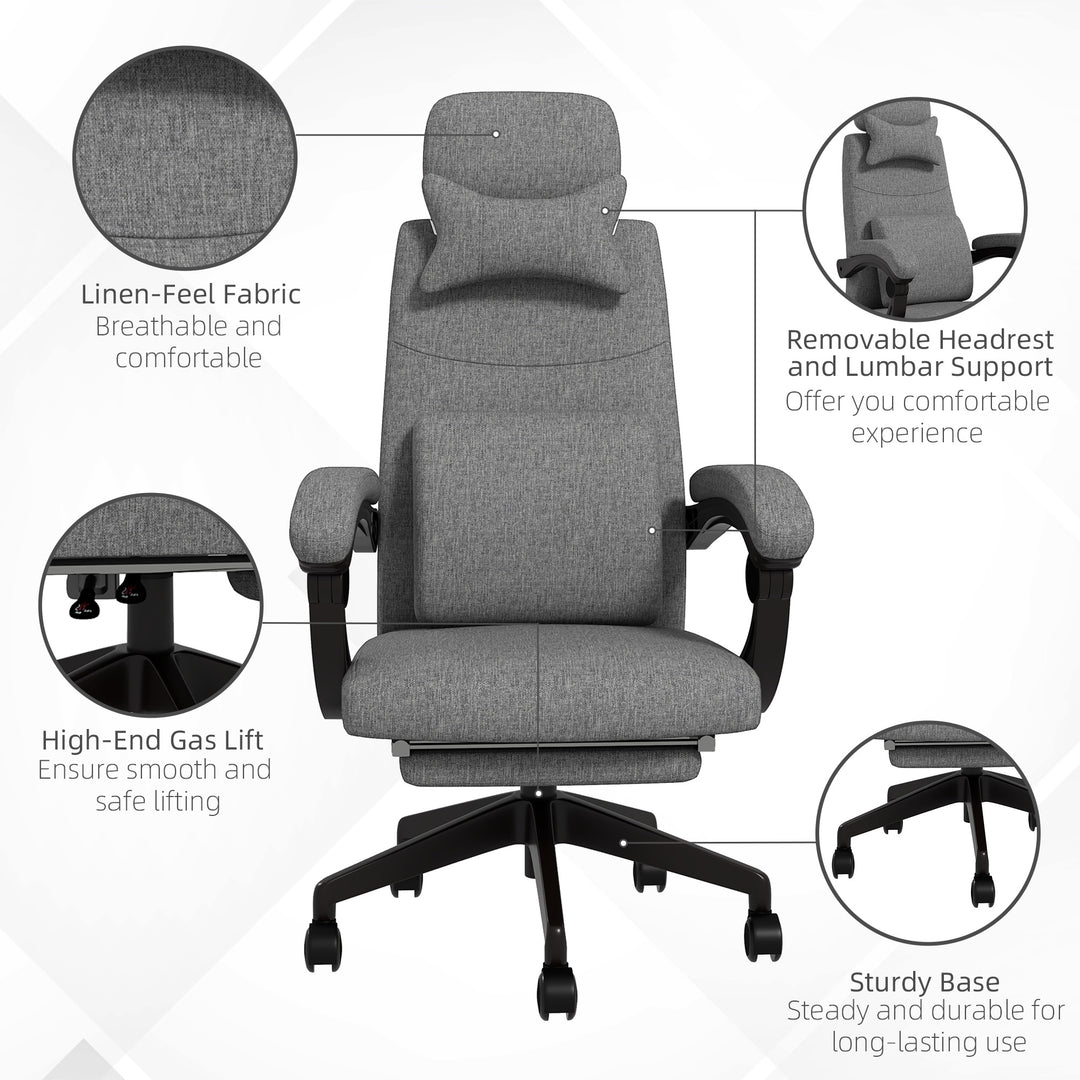 Linen-Look Office Chair, with 160° Reclining Back and Footrest - Grey