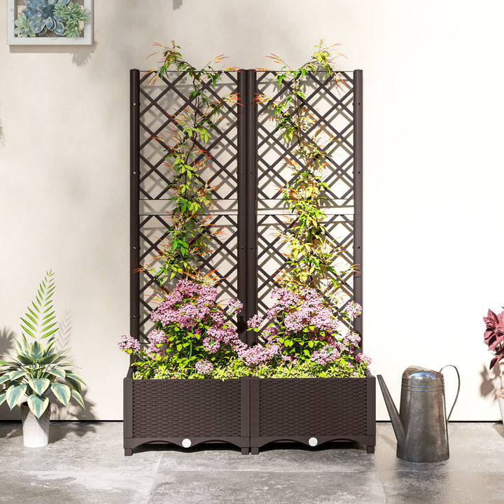 Raised Garden Bed with Trellis, Plastic Planter Box with Drainage Holes, Drain Plugs and Water Reservoirs for Climbing Plants, Vegetables, Flowers, Brown