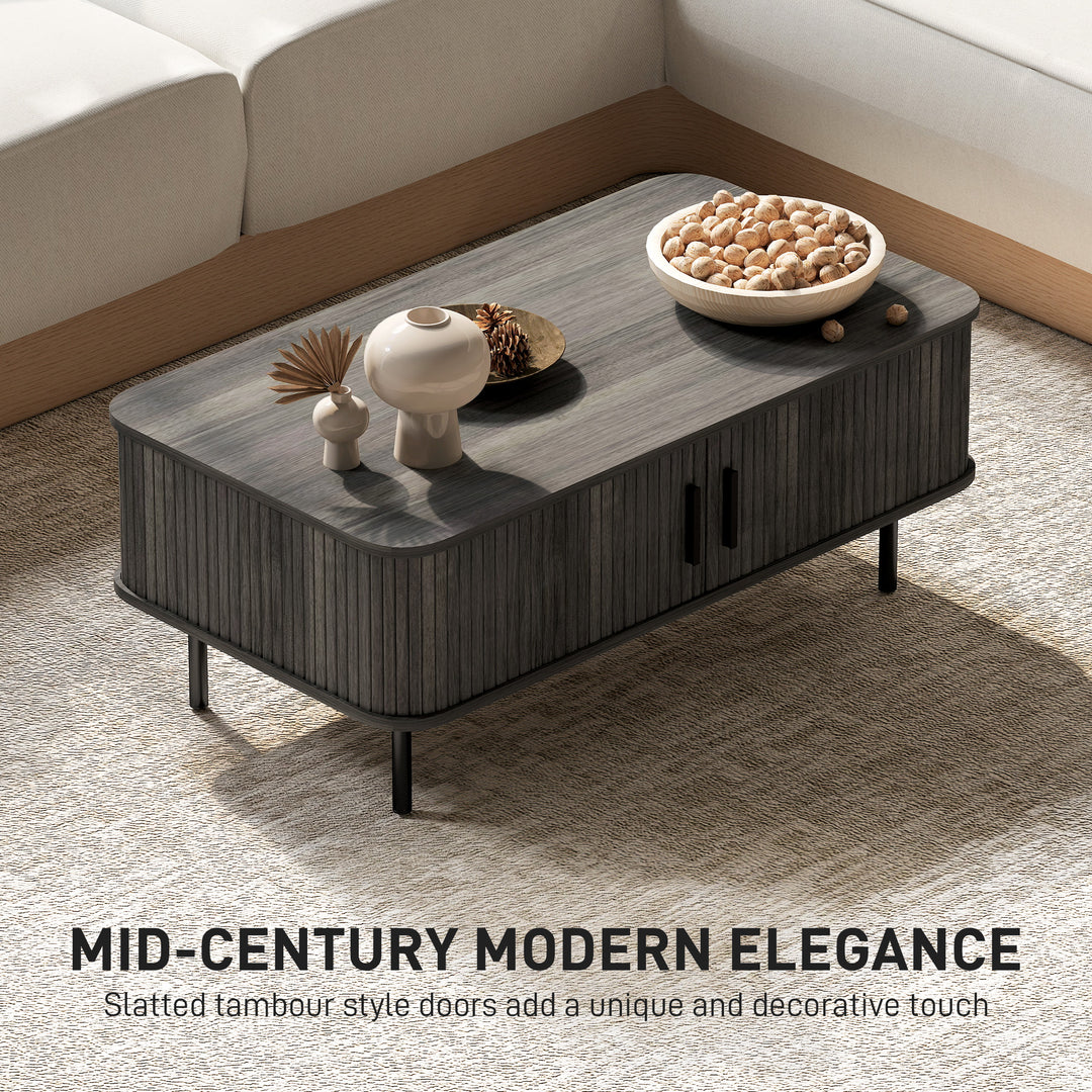 Coffee Table with Storage, Living Room Table with Slatted Tambour Sliding Doors and Foot Pads, Rectangular Coffee Table with Elevated Base for Living Room, Grey Wood-Effect