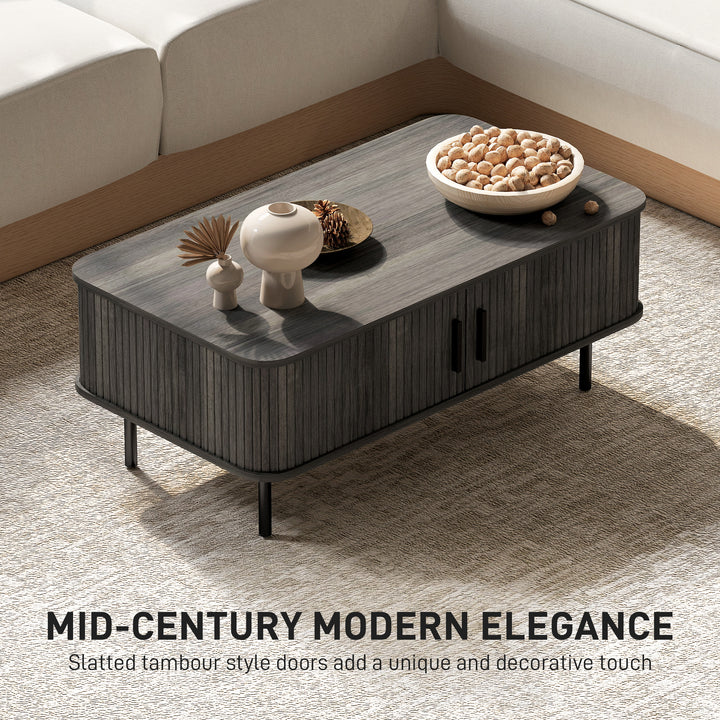 Coffee Table with Storage, Living Room Table with Slatted Tambour Sliding Doors and Foot Pads, Rectangular Coffee Table with Elevated Base for Living Room, Grey Wood-Effect