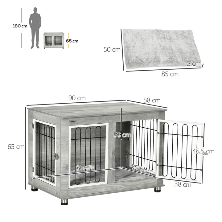 Dog Crate Furniture End Table, with Washable Cushion, Double Doors, for Medium/Large Dogs, Grey