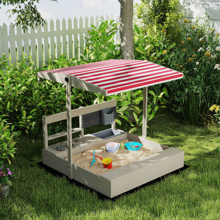 Kids Wooden Sandbox w/ Canopy, Kitchen Toys, Seat, Storage, for Ages 3-7 Years