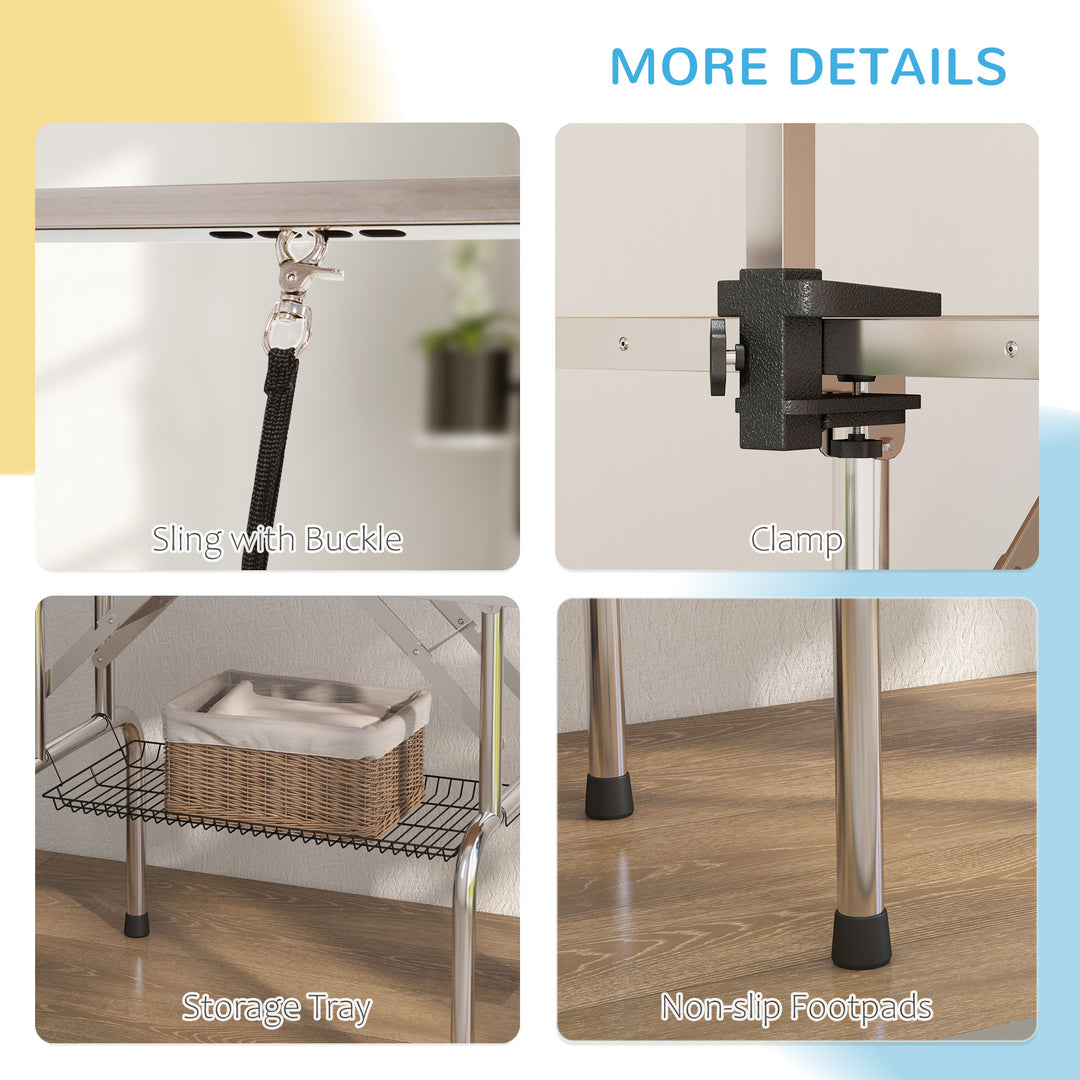 MCL 42" Dog Grooming Table, Adjustable Pet Cat Drying Beauty Table with 2 Loops Storage Basket, Rubber Top, Blue