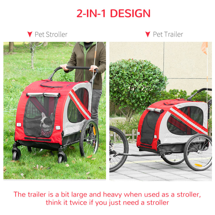 2-In-1 Dog Bike Trailer Pet Stroller with Universal Wheel Reflector Flag Red