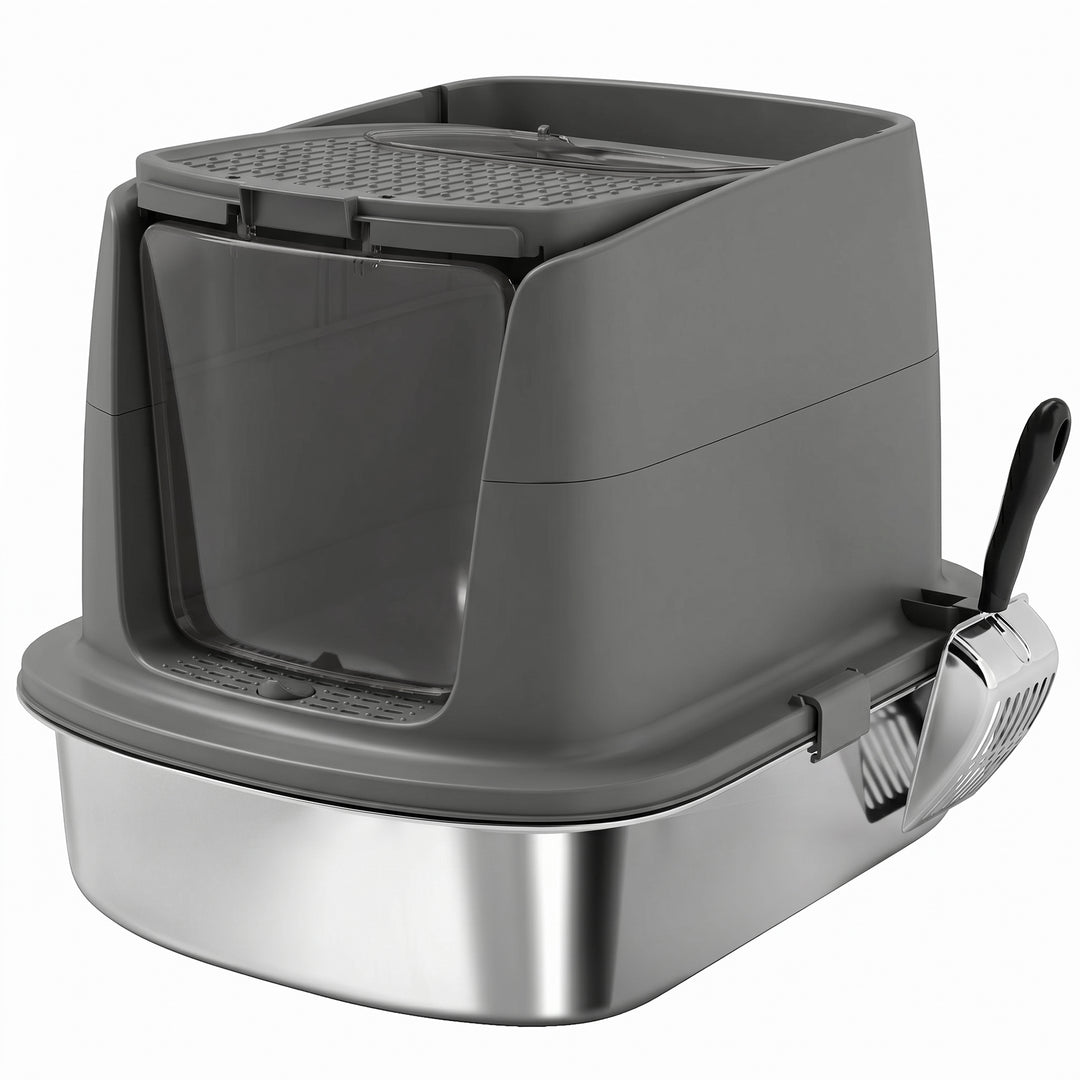 Large Stainless Steel Litter Box, Enclosed Metal Cat Litter Tray with 