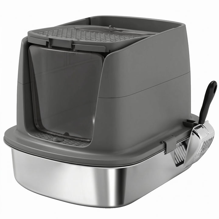 Large Stainless Steel Litter Box, Enclosed Metal Cat Litter Tray with 
