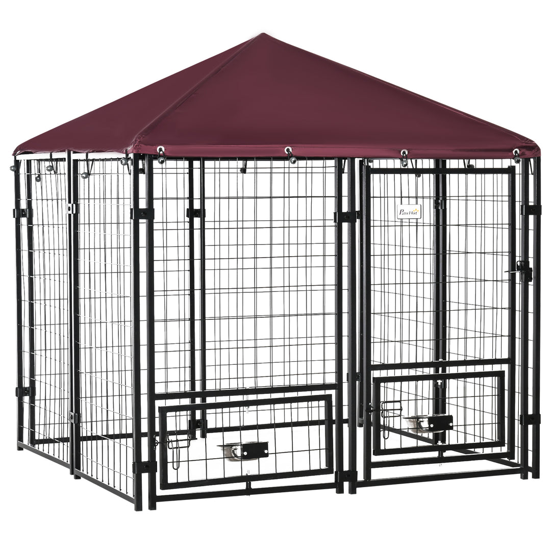 MCL Outdoor Dog Kennel with Rotating Bowl Holders, Water and UV-Resistant Cover, for Medium, Small Dogs, Red