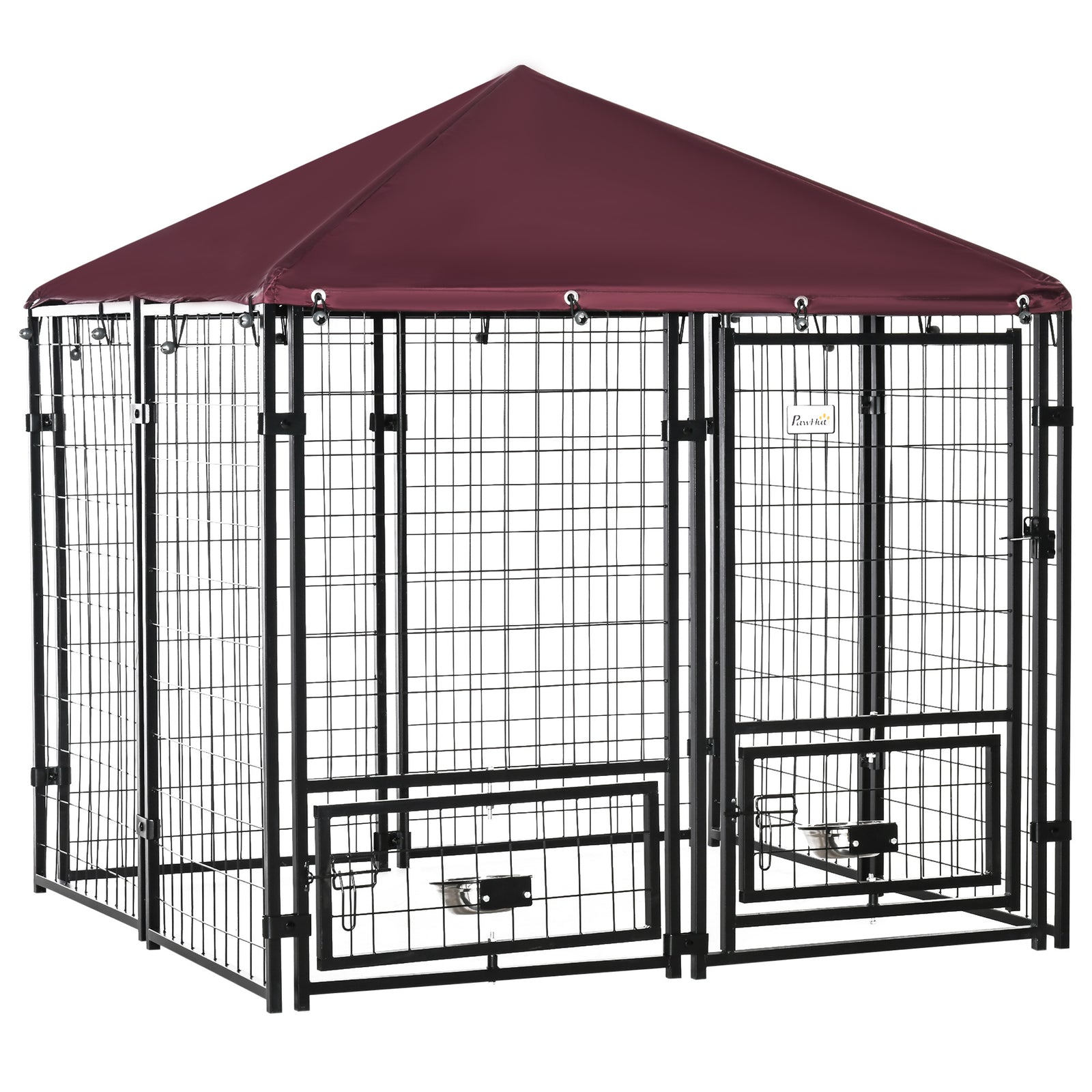 Outdoor Dog Kennel with Rotating Bowl Holders, Water and UV-Resistant Cover, for Medium, Small Dogs, Red