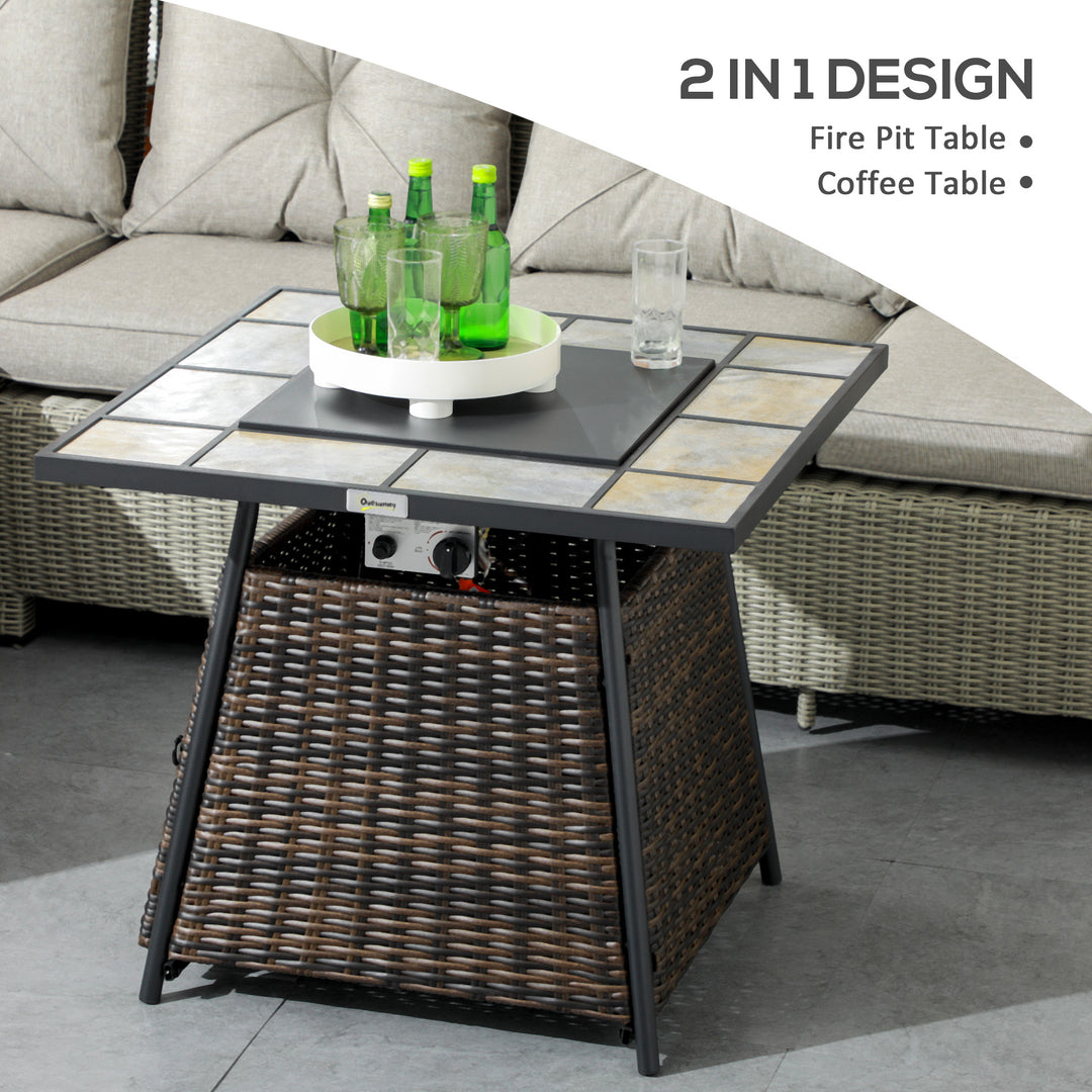 Square Outdoor PE Rattan Fire Pit Table Gas Burner Heater w/ Control Panel, Slate Top, Lid and Lava Rocks, 50,000 BTU