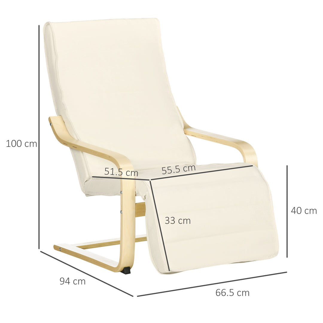 Wooden Armchair, Upholstered Linen Lounge Chair with Adjustable Footrest & Removable Cushion, Poang Chair for Living Room, Cream White