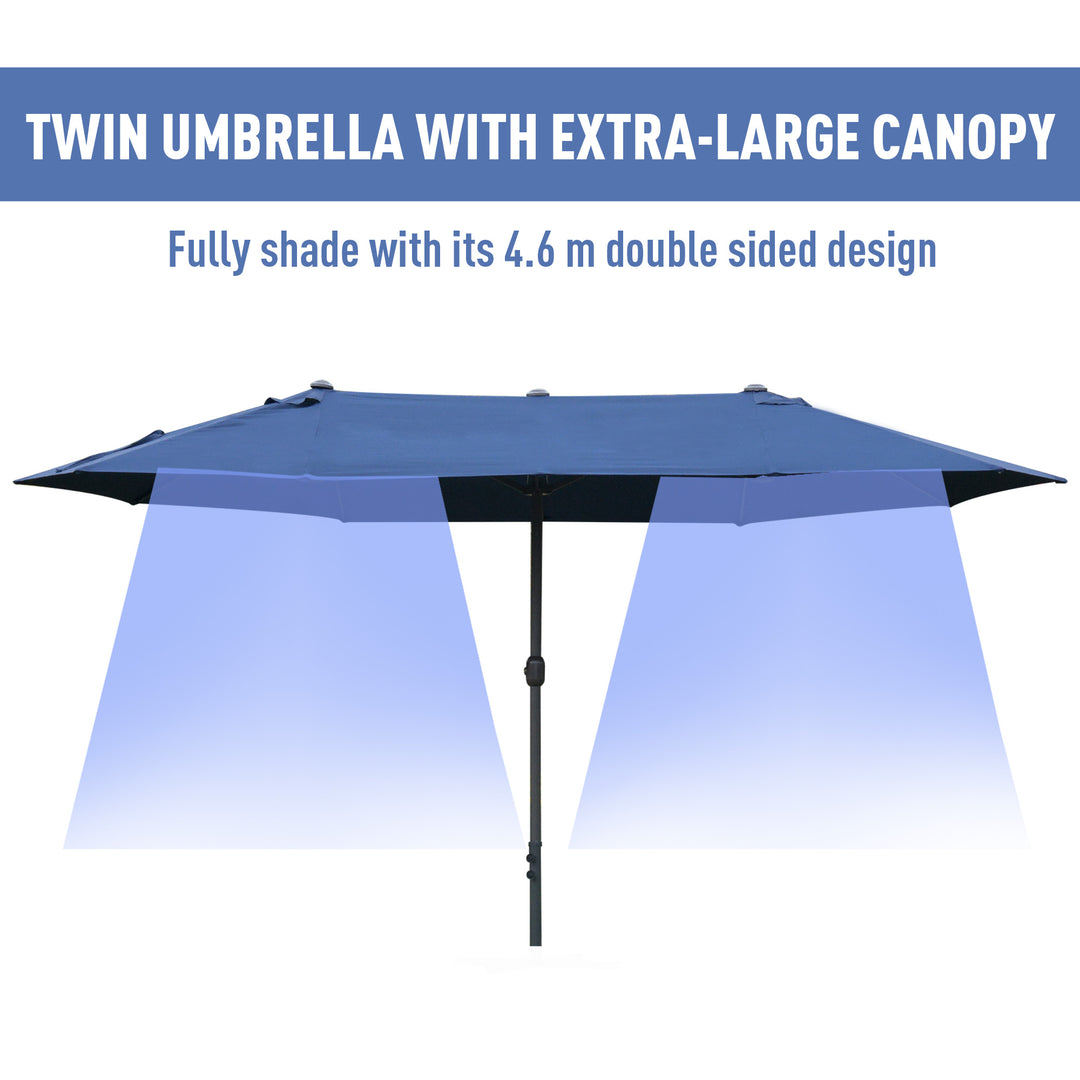 4.6M Sun Umbrella Canopy Double-sided Crank Sun Shade w/ Cross Base Dark Blue