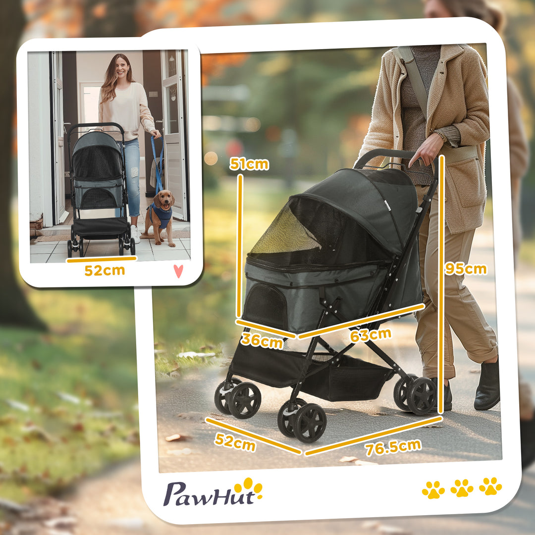 Pet Stroller Pushchair Foldable Travel Dog Cat Carriage w/ Reversible Handle Brake Basket
