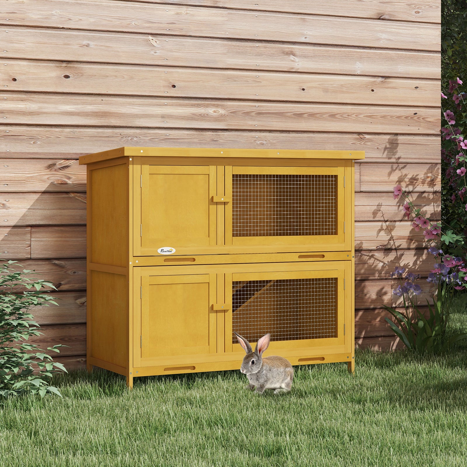 Double Decker Rabbit Hutch 2 Tier Guinea Pig House Pet Cage Outdoor with Sliding-out Tray, 97 x 44 x 91cm, Yellow