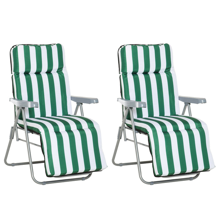 Outsunny 2 Pieces Outdoor Sun Lounger Set with Cushions, Patio Folding 5-Level   Adjustable Backrest Recliner Chairs Set of 2 with High Backrest and Armrests, Green & White