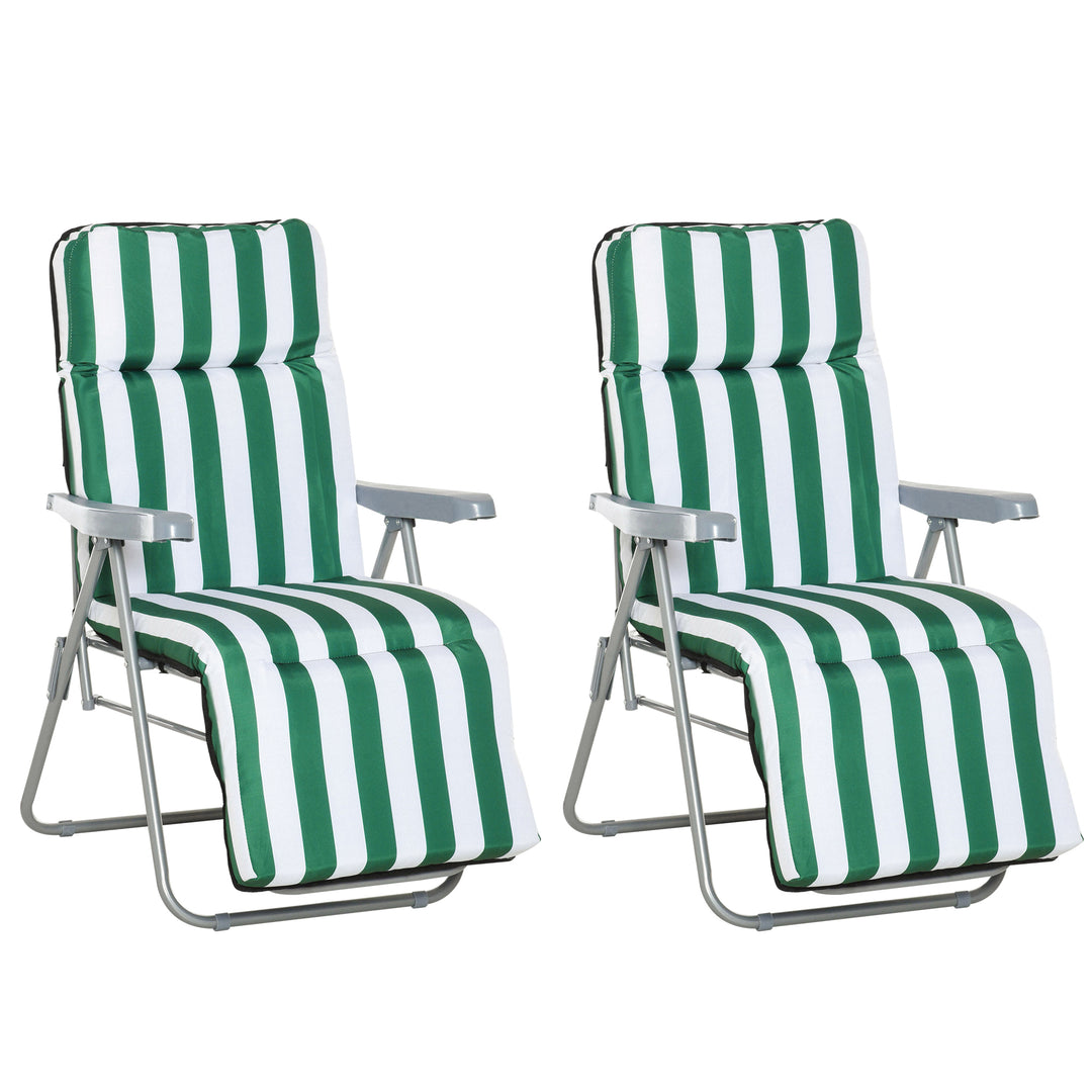 2 Pieces Outdoor Sun Lounger Set with Cushions, Patio Folding 5-Level Adjustable Backrest Recliner Chairs Set of 2 with High Backrest and Armrests, Green & White