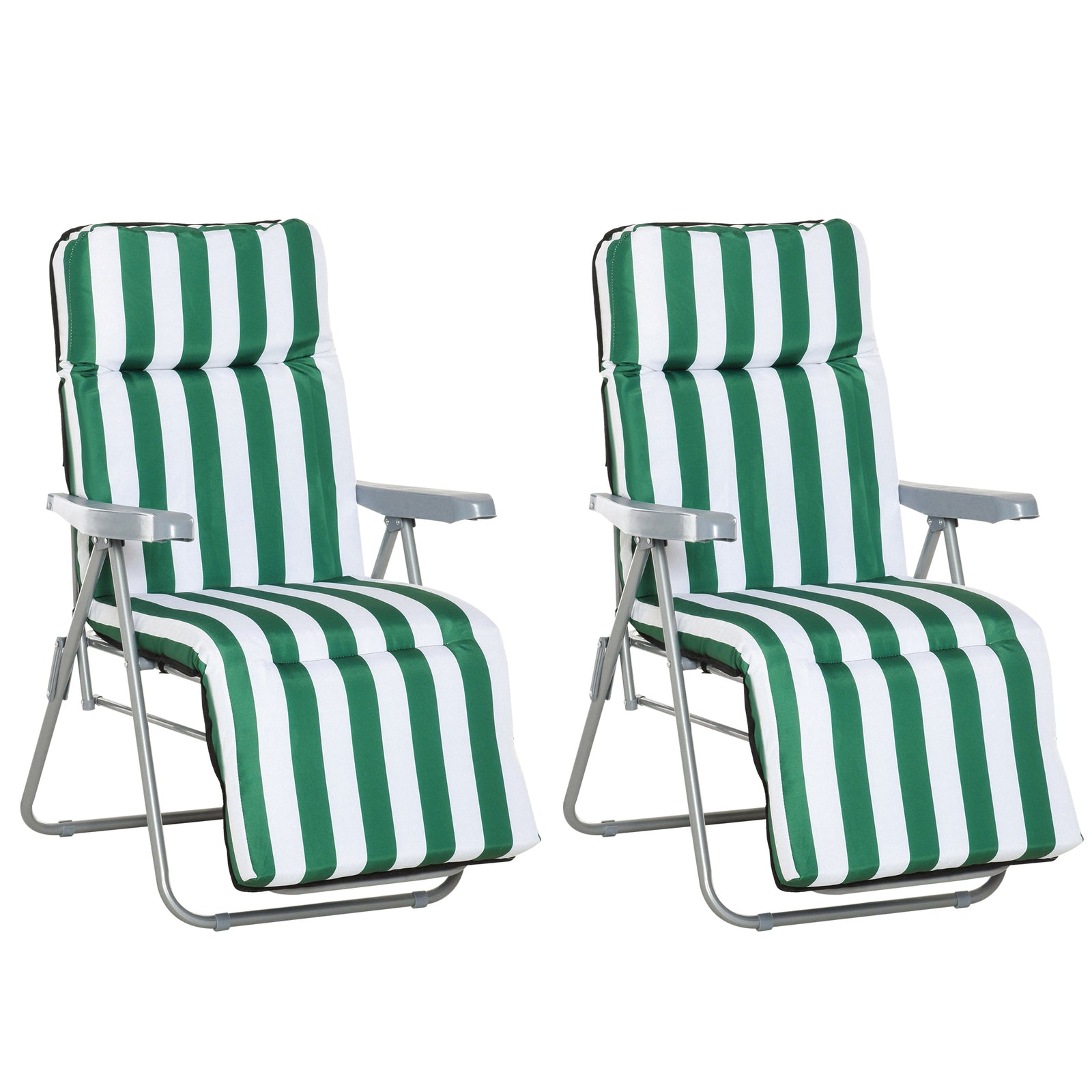 2 Pieces Outdoor Sun Lounger Set with Cushions, Patio Folding 5-Level Adjustable Backrest Recliner Chairs Set of 2 with High Backrest and Armrests, Green & White