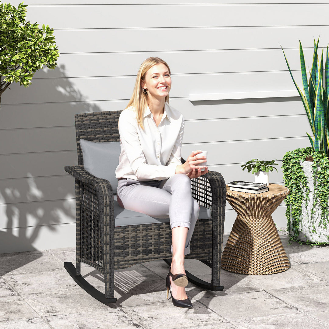 Garden Rocking Chair, Outdoor Rattan Rocker Lounge Chair with Seat and Back Cushions, Patio Armchair Seat with All-weather Wicker, Steel Frame for Porch Balcony, Light Grey
