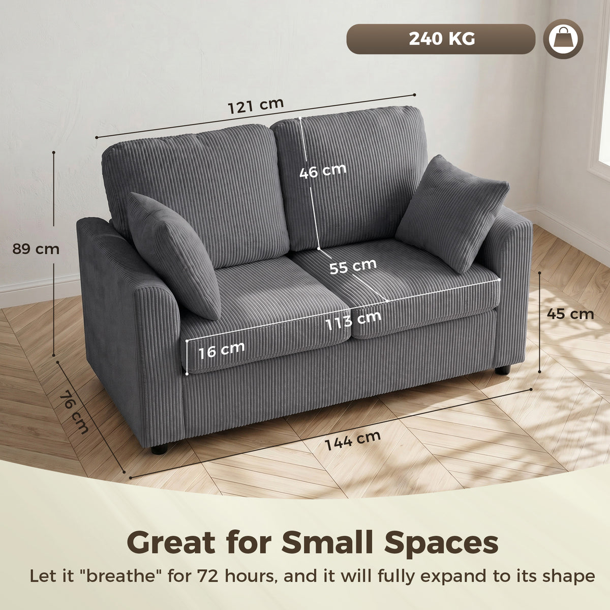 2 Seater Sofa, Corduroy Small Couch with Spring Cushion, Wide and Deep