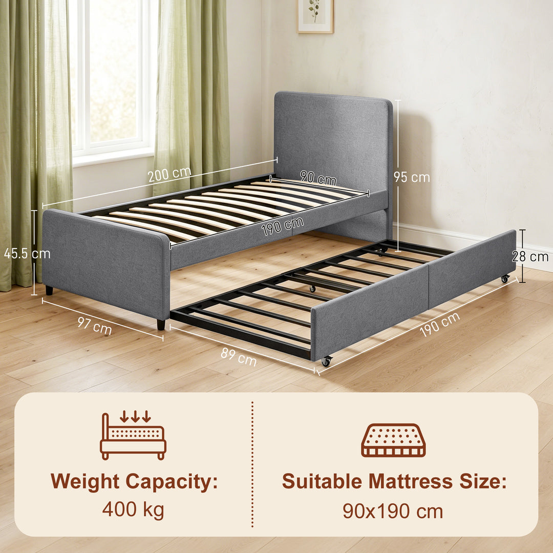 3ft Single Bed Frame with Trundle, Upholstered Pull Out Trundle Bed wi