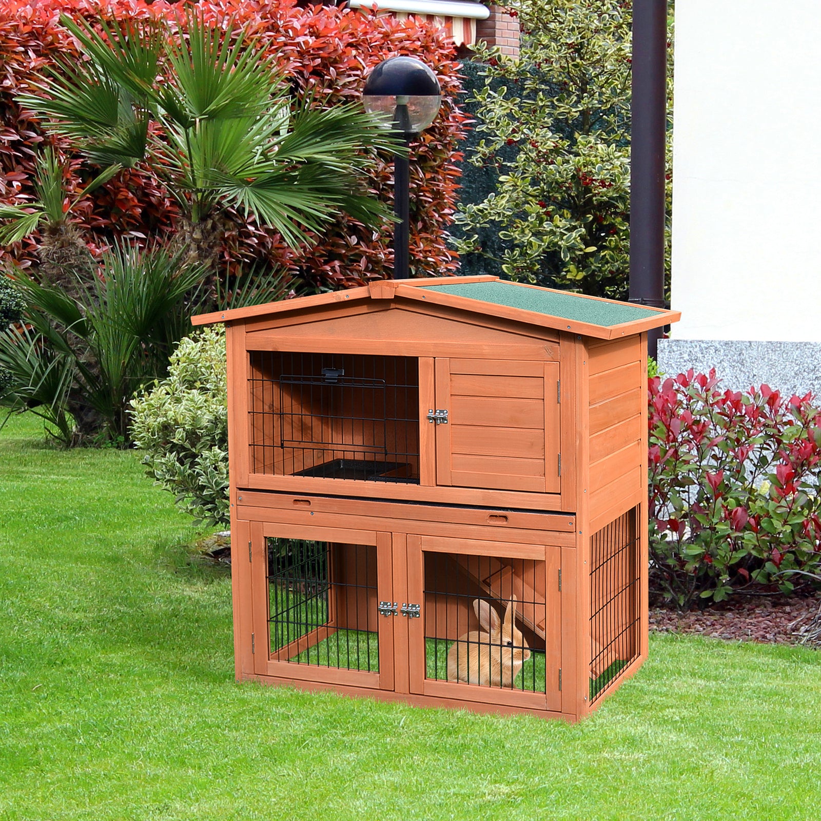 Rabbit Hutch Outdoor Guinea Pig Hutch 2-Tier Bunny Cage with No-Leak Tray 100.5 x 55 x 101 cm