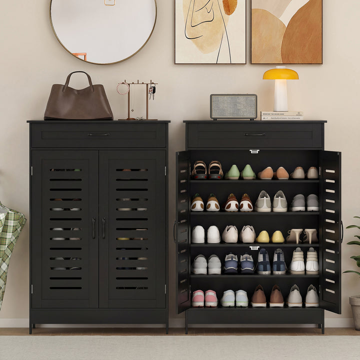 Shoe Cabinet with Louvered Doors, Modern Shoe Storage Cabinet with Dra