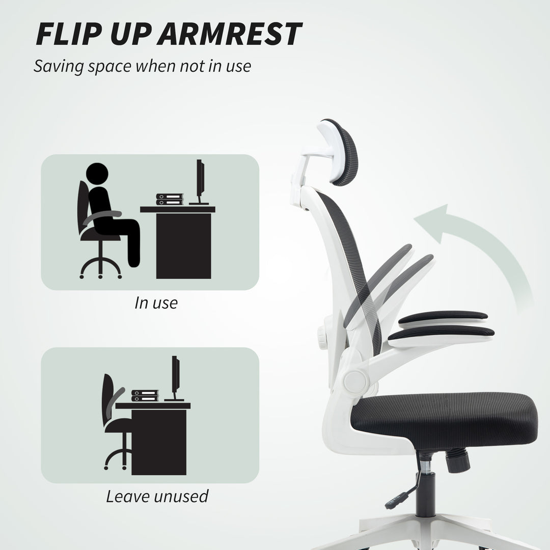Executive Office Chair, Ergonomic Mesh High Back Desk Chair with Flip-up Armrest, Rotatable Headrest, Adjustable Lumbar Support for Home Study, Black