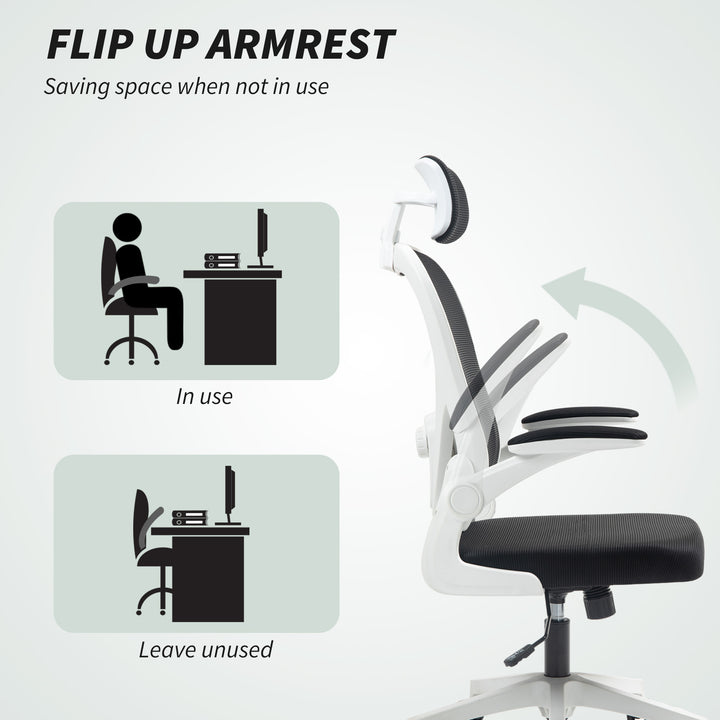 Executive Office Chair, Ergonomic Mesh High Back Desk Chair with Flip-up Armrest, Rotatable Headrest, Adjustable Lumbar Support for Home Study, Black