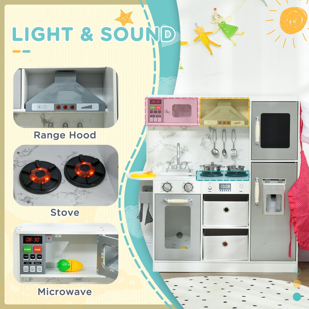 AIYAPLAY Toy Kitchen with Lights Sounds, Apron and Chef Hat, Ice Maker, Microwave, for 3-6 Years Old - White | Aosom UK