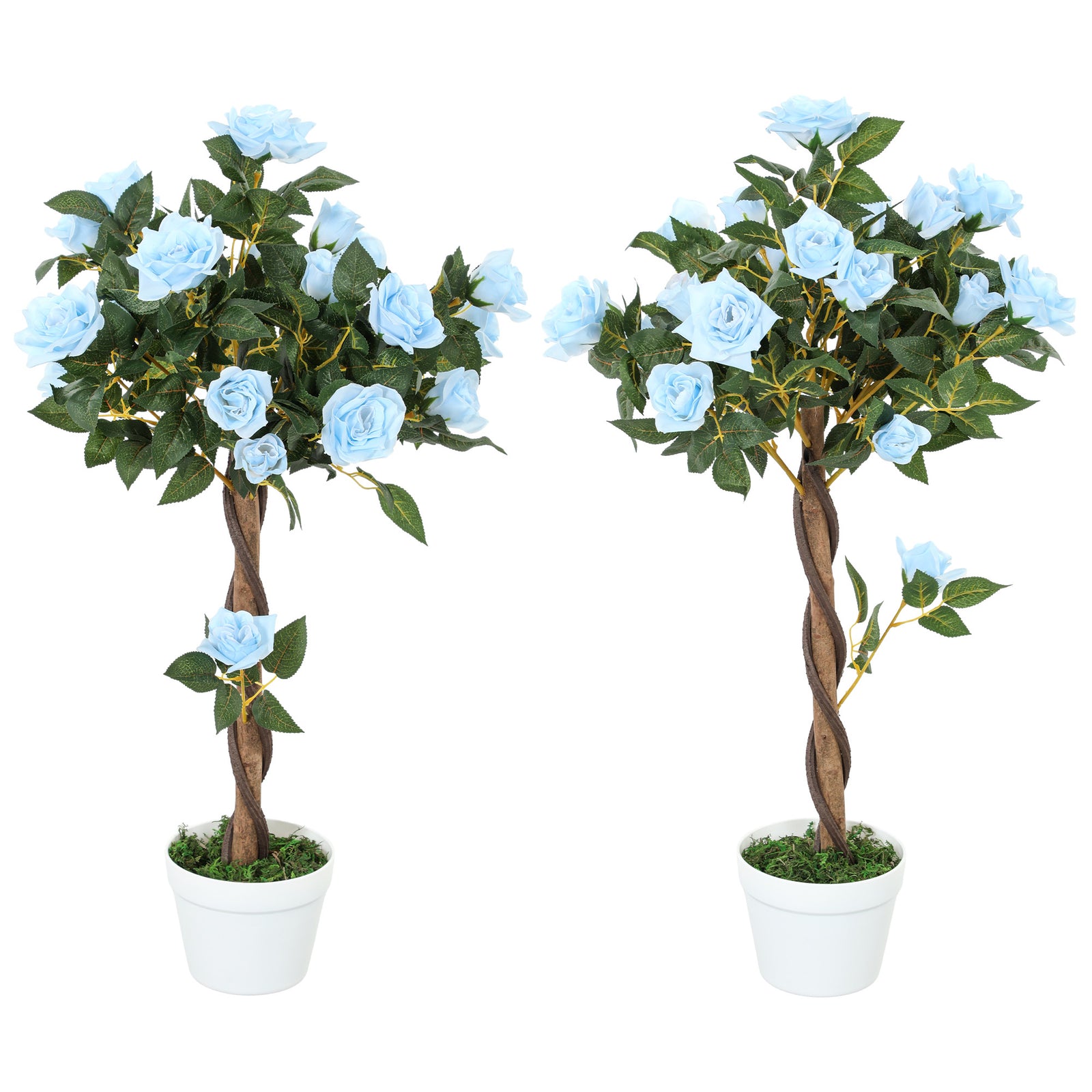 Set of 2 Artificial Plants White Rose Floral in Pot, Fake Plants for Home Indoor Decor, 90cm, Light Blue