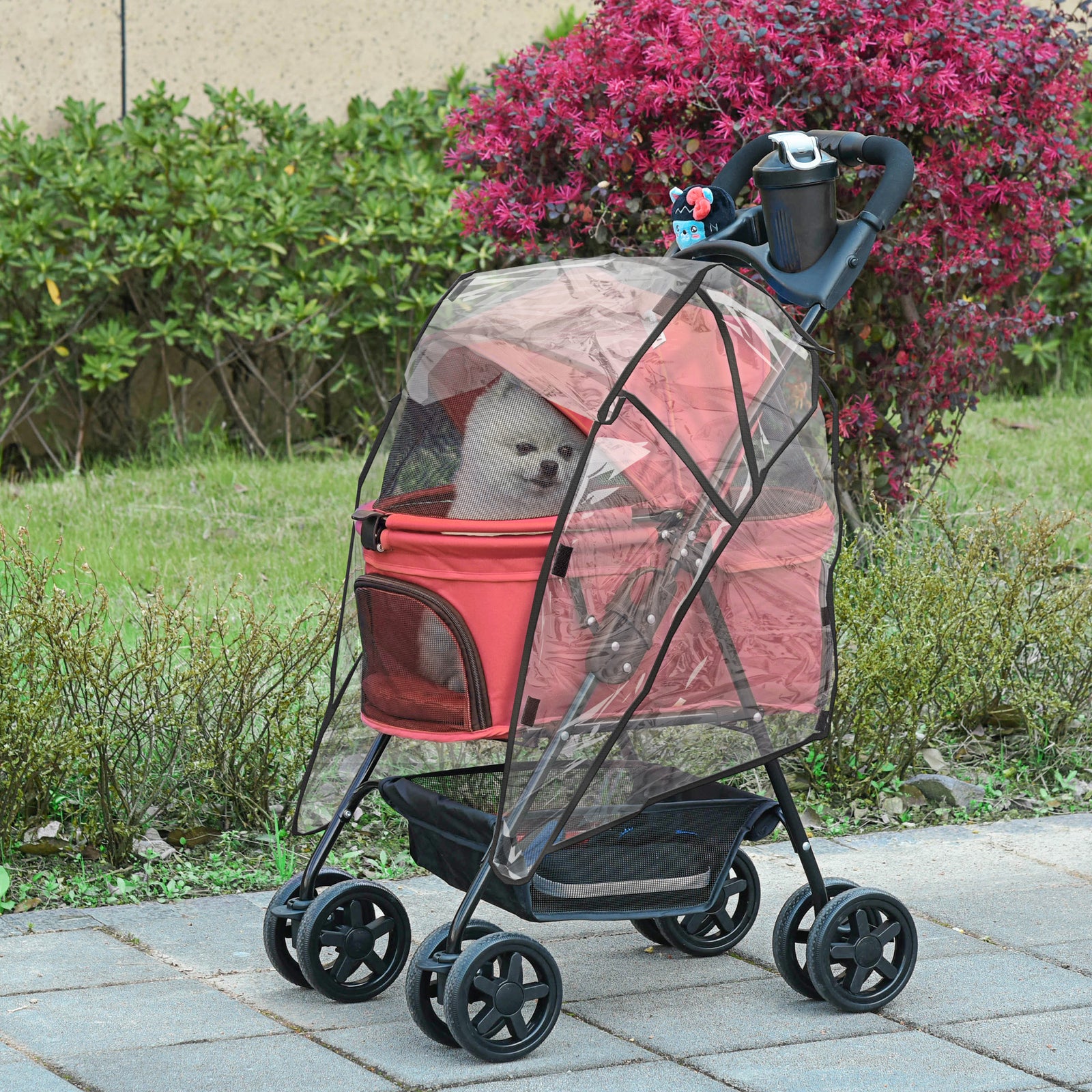 Dog Stroller with Rain Cover, Dog Pushchair One-Click Fold Trolley Jogger with EVA Wheels Brake Basket Adjustable Canopy Safety Leash for Small Dogs, Red