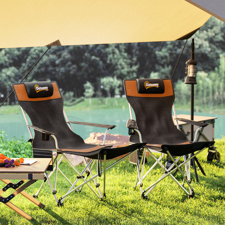 Set of 2 Reclining Folding Camping Chair w/ Detachable Footrest, Storage Bag, Cup Holder & Headrest, Lightweight Portable Camp Chair for Beach, Picnic, Orange and Black