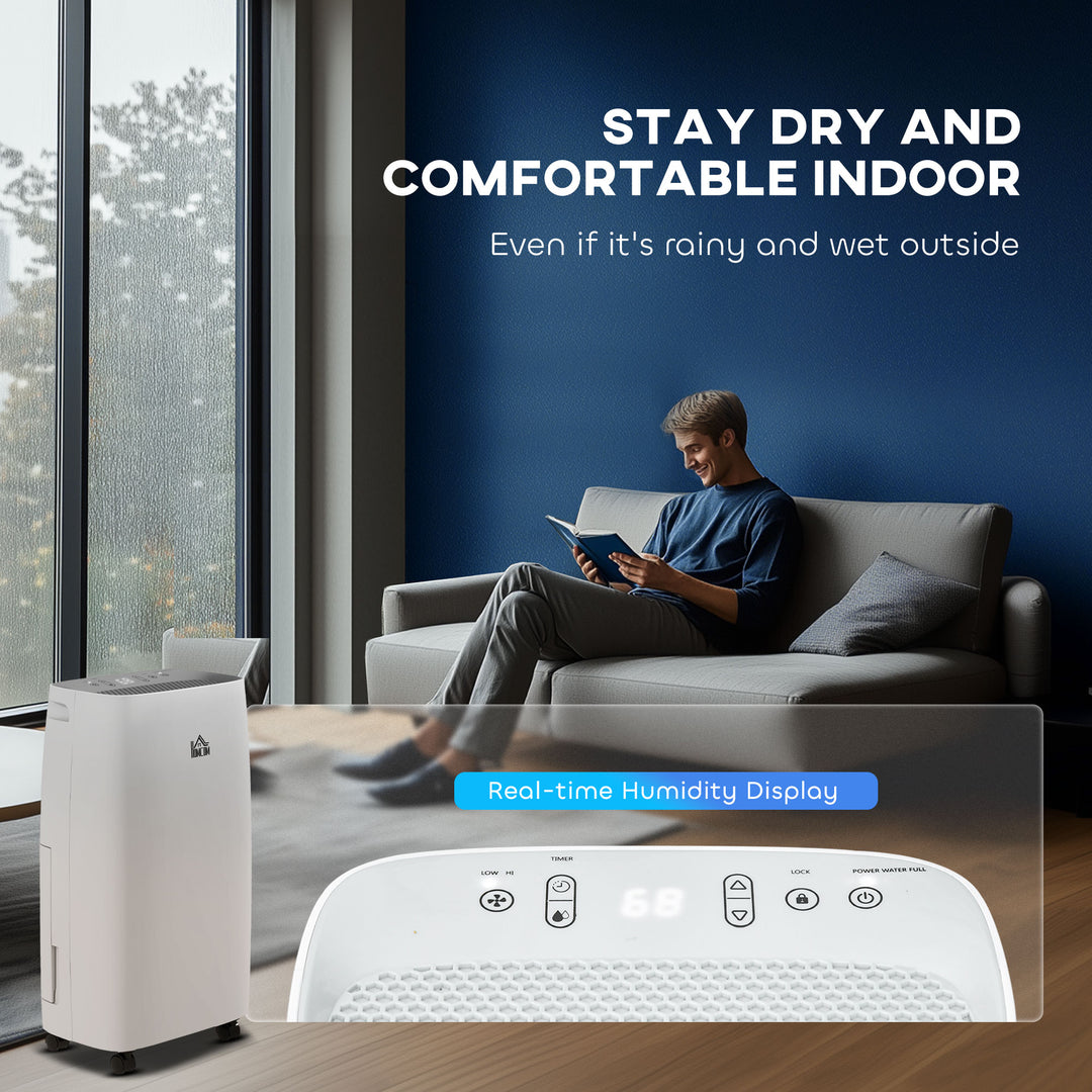 12L/Day Dehumidifier with Continuous Drainage, 2.5L Water Tank, 24H Timer, Humidity Display, for Home Damp, Condensation, Mould and Laundry Drying, White