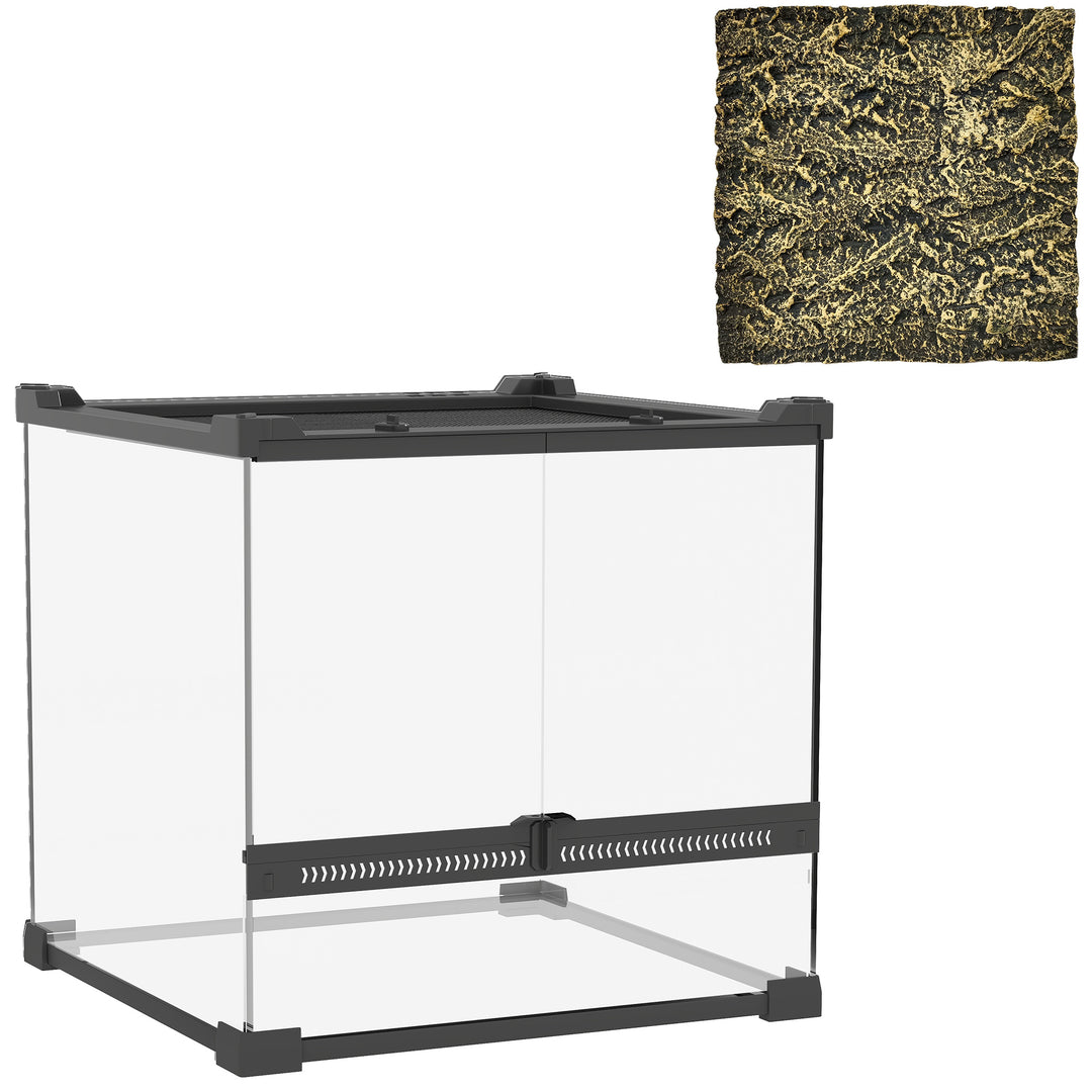Reptile Glass Terrarium with Stone Background, Front Ventilation, Escape-Proof Knob Lock, 30 x 30 x 30 cm, Black