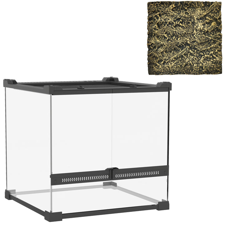 Reptile Glass Terrarium with Stone Background, Front Ventilation, Escape-Proof Knob Lock, 30 x 30 x 30 cm, Black