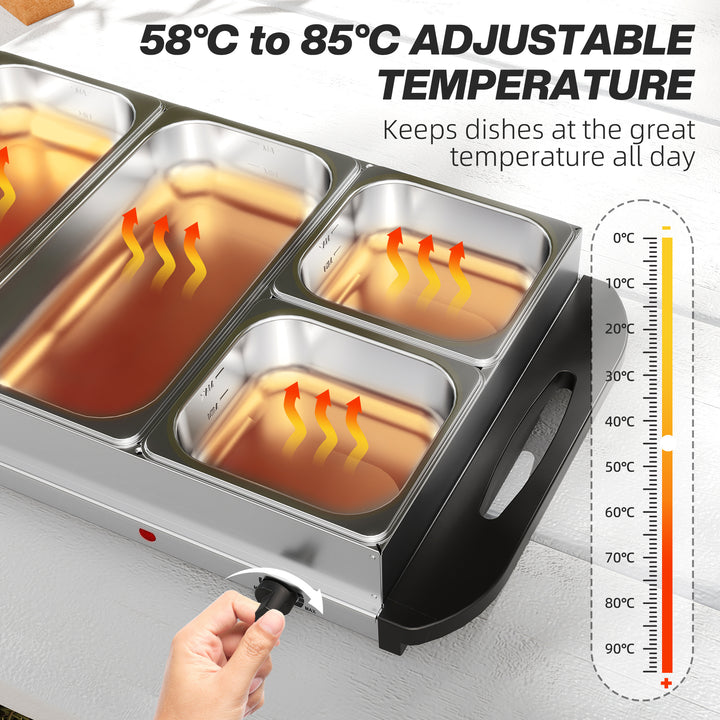 Electric Food Warmer 5 Tray, 9.2L Portable Buffet Server and Warming Tray with Lids, Adjustable Temperature Control and Cool Touch Handles, 450W, 3 x 2.4L and 2 x 1L, Silver Tone
