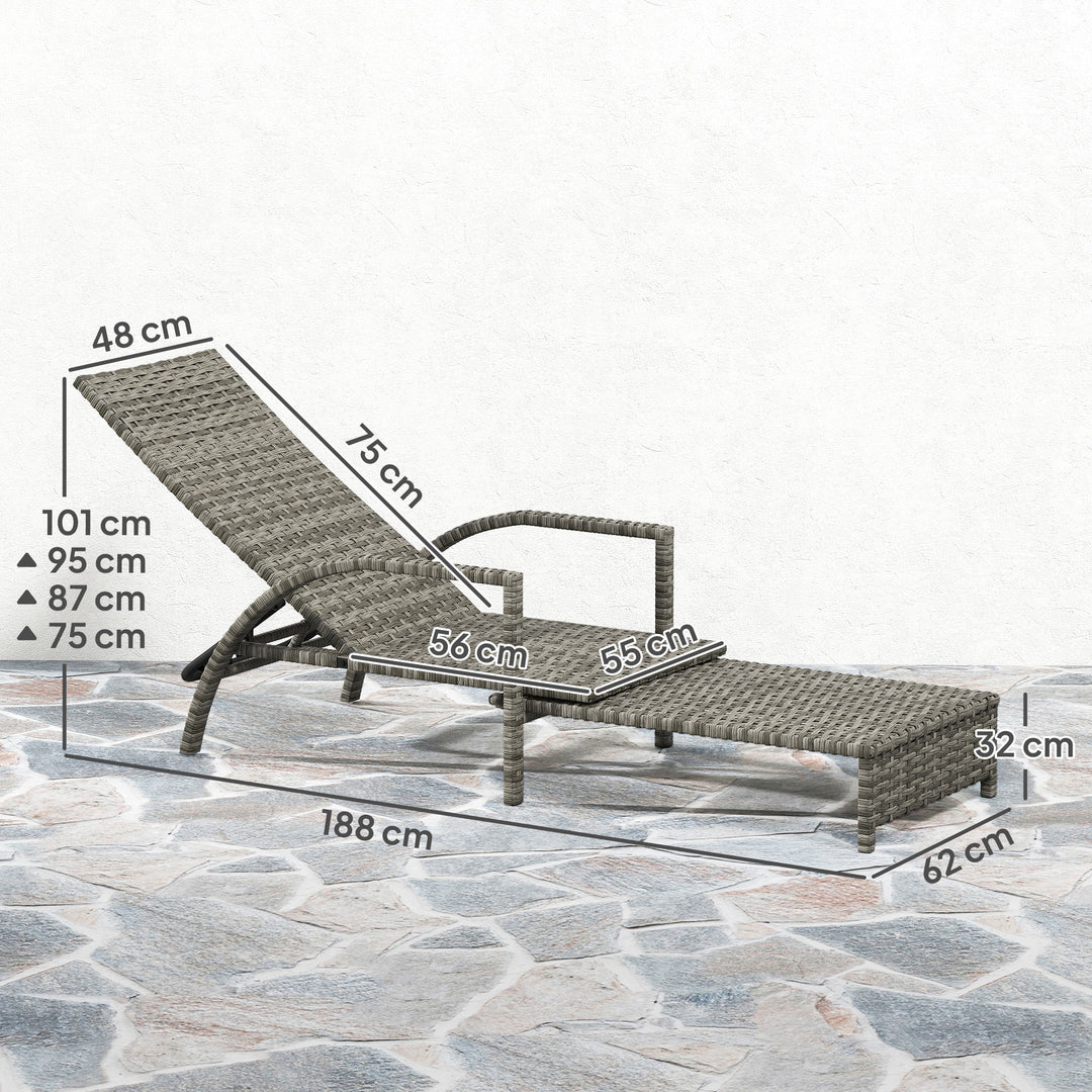 Reclining Rattan Lounger, with Extending Footrest - Grey