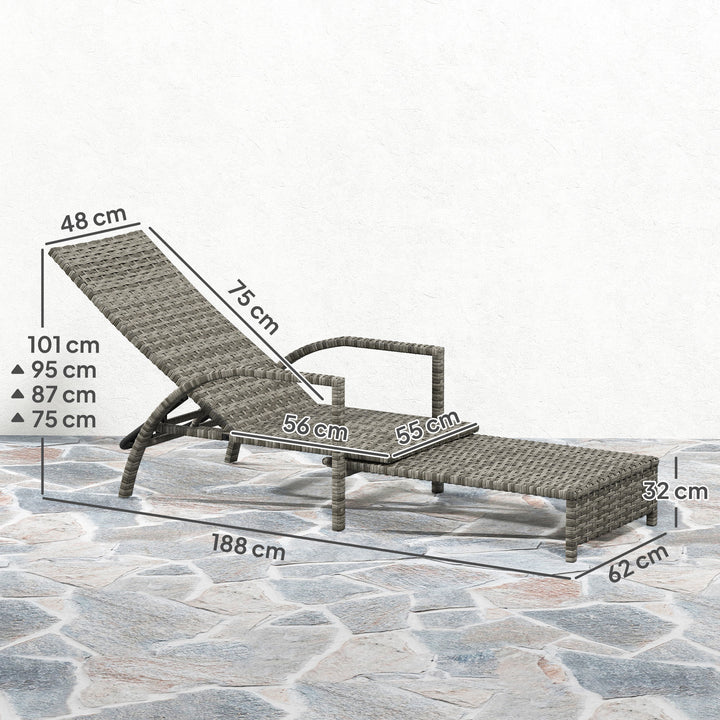 Reclining Rattan Lounger, with Extending Footrest - Grey