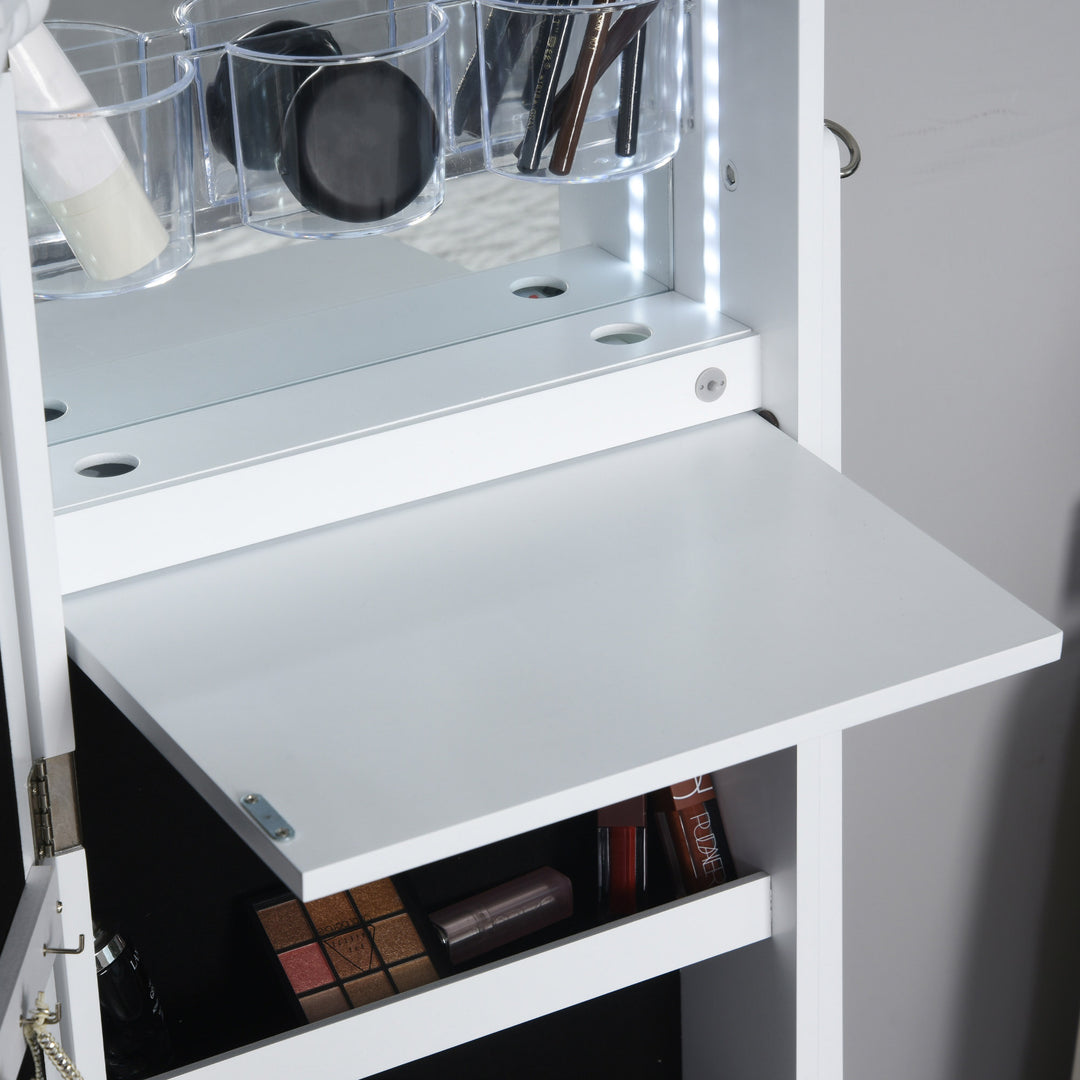 Jewellery Cabinet, Standing Mirror with LED Lights, Full-Length Mirror with Storage Drawers, Hooks and Shelves, Make-Up Armoire, Jewellery Organiser for Bedroom, White