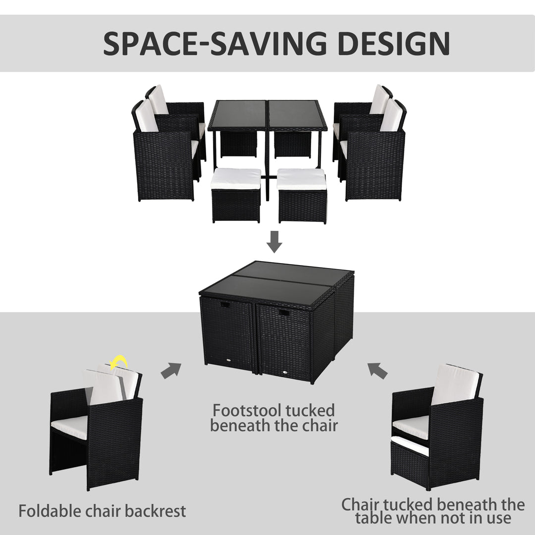 8 Seater Rattan Cube Garden Furniture Set, Rattan Dining Set with Cushions, Outdoor Dining Table and Chairs with 4 Armchairs, 4 Stools, Square Glass Top Table, Black