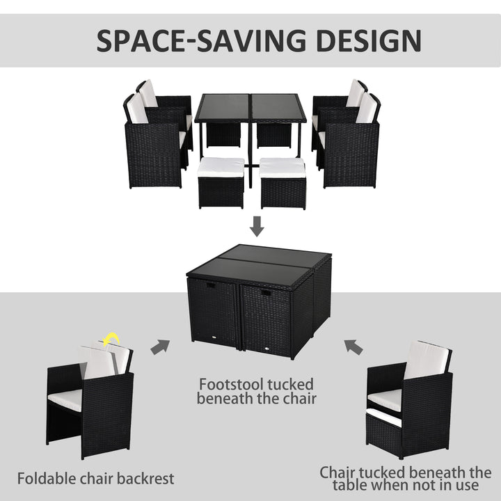 8 Seater Rattan Cube Garden Furniture Set, Rattan Dining Set with Cushions, Outdoor Dining Table and Chairs with 4 Armchairs, 4 Stools, Square Glass Top Table, Black