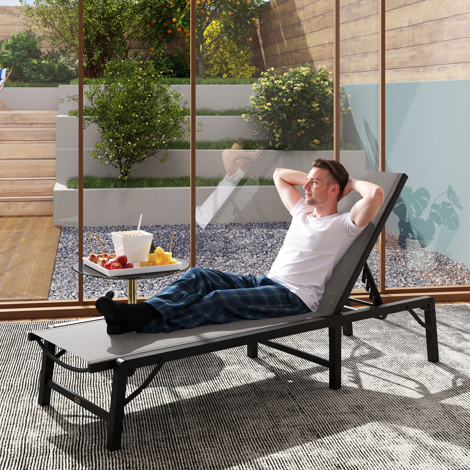 Folding Sun Lounger, 5-Position Adjustable Reclining Garden Lounger, Garden Chaise Lounge Sunbed Recliner Chair with Steel Frame for Beach, Porch, Patio, Camping, Light Grey