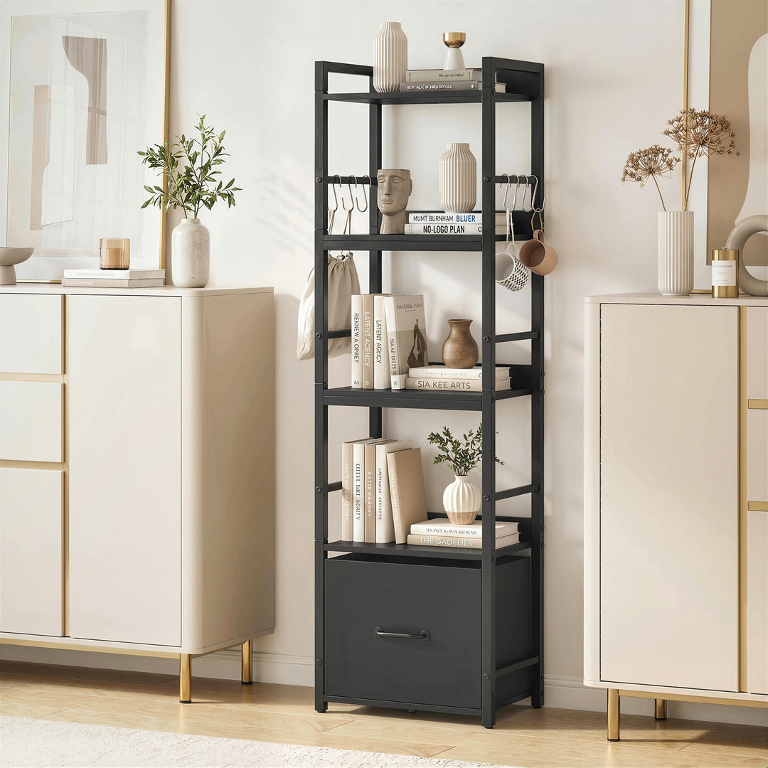 4-Tier Bookshelf, Narrow Bookcase with Drawer, 8 Hooks, Metal Frame, B