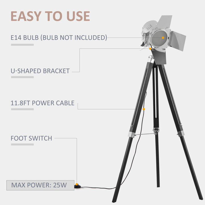 Industrial Tripod Floor Lamp, Nautical Cinema Standing Spotlight with Wood Legs and Adjustable Height for Living Room, Bedroom, Black and Silver