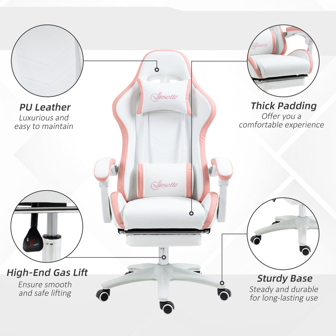 Computer Gaming Chair, PU Leather Office Desk Chair with Footrest, Swivel Wheels, 135° Reclining Back, Lumbar Support, Headrest for Home, White and Pink