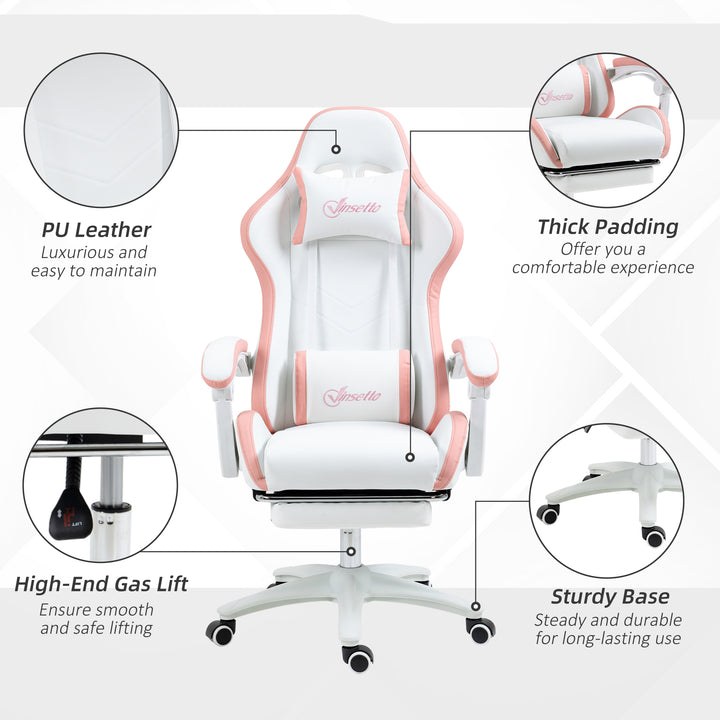 Computer Gaming Chair, PU Leather Office Desk Chair with Footrest, Swivel Wheels, 135° Reclining Back, Lumbar Support, Headrest for Home, White and Pink