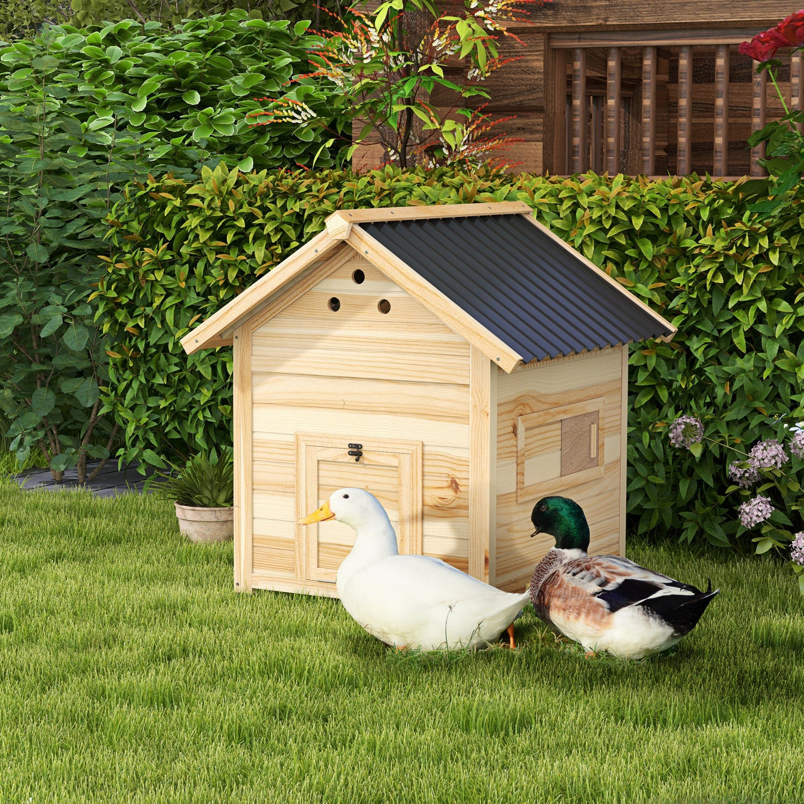Wooden Duck House with Double Doors, Openable Roof, Ventilation Holes, Removable Base, Natural Wood Finish