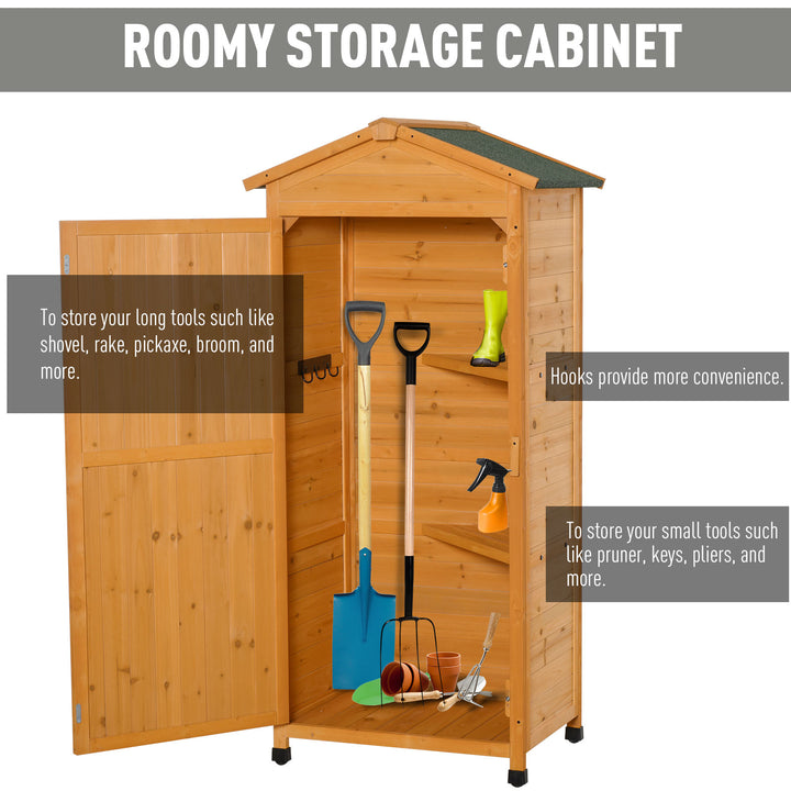 Wooden Garden Shed, Outdoor Storage Cabinet with 2 Shelves and Hooks, Locking Organiser Outdoor Narrow Tool House, 74x55x155cm, Yellow