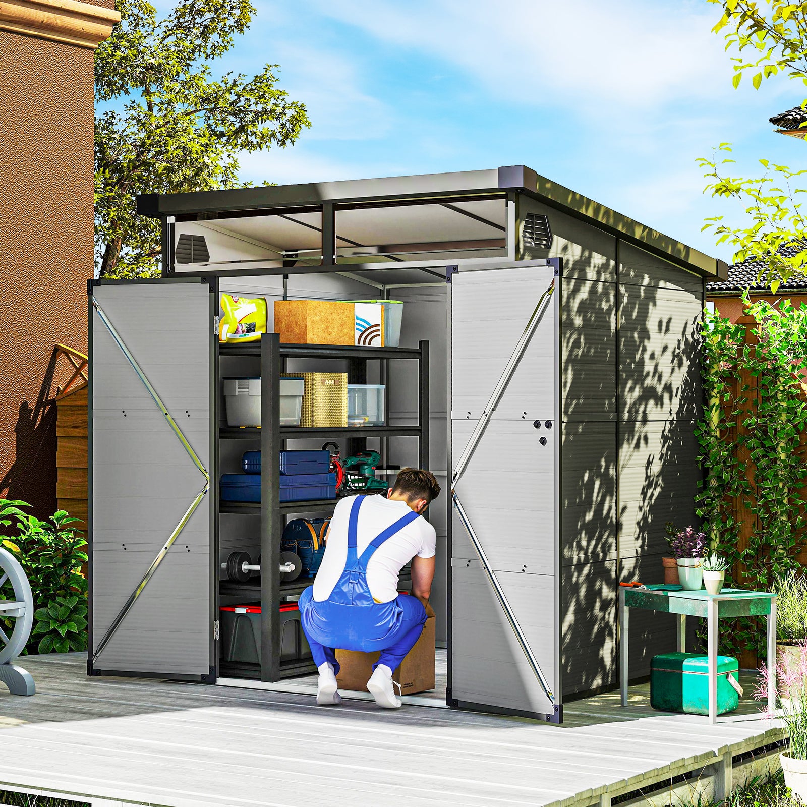 6 x 6ft Outdoor Storage Shed, Plastic Garden Shed with Windows and Air Vents, Outdoor Resin Tool Shed with Latch Doors for Garden, Deck, Light Grey