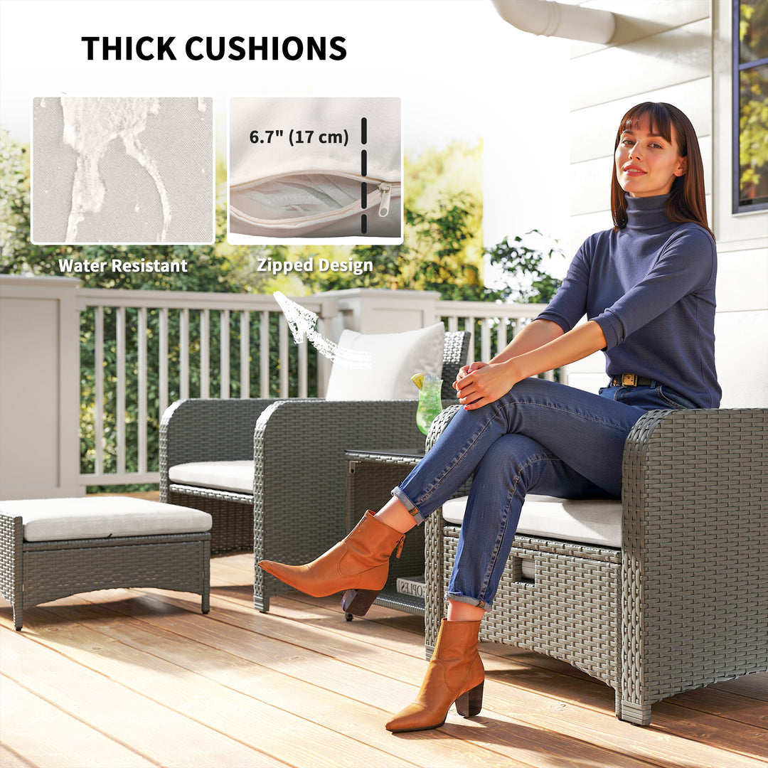Five Piece Rattan Garden Furniture Set with 2-Tier Coffee Table and Ottomans - Cream White